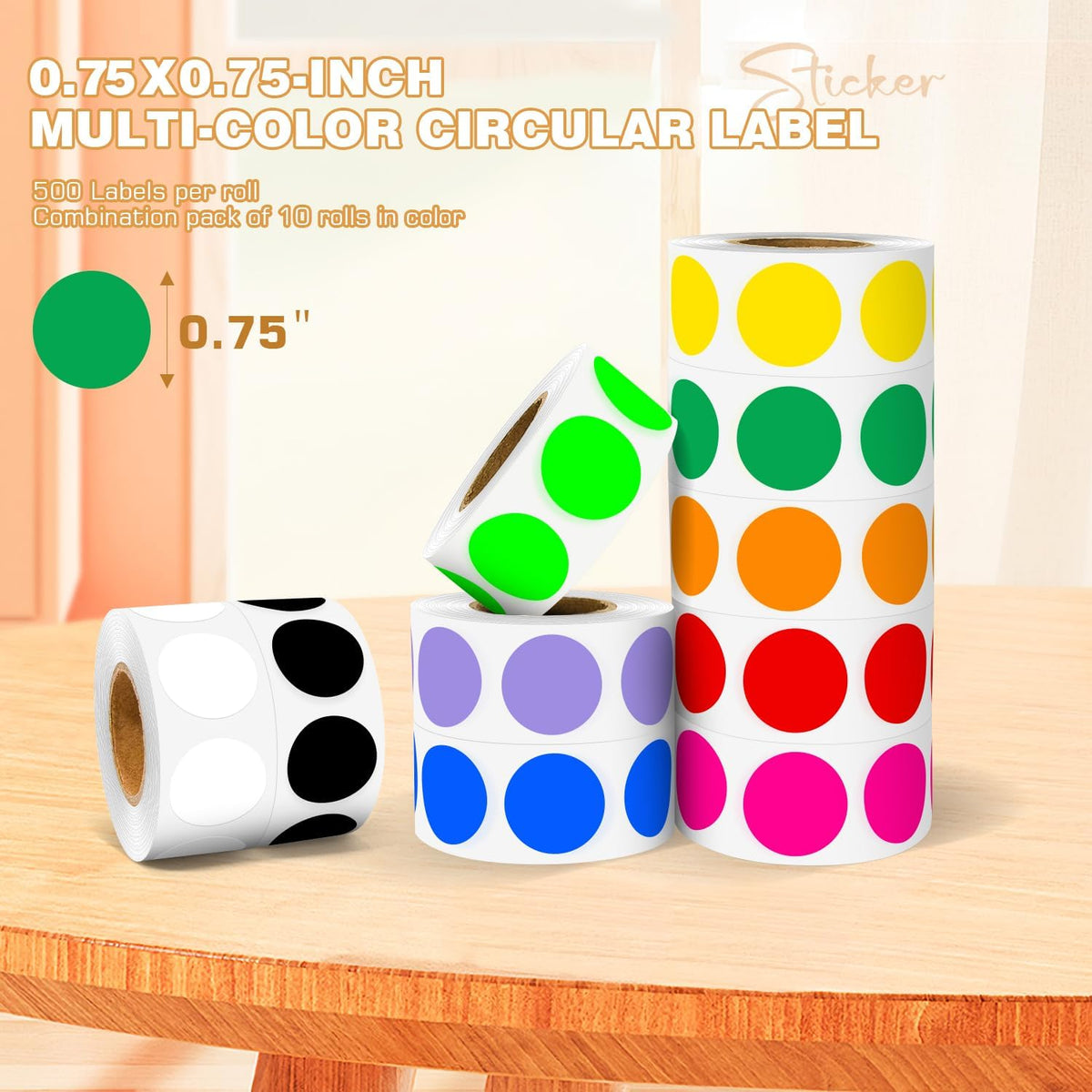 3/4" Round Color Coding Labels, Bright-Colored Dot Stickers 5000PCS