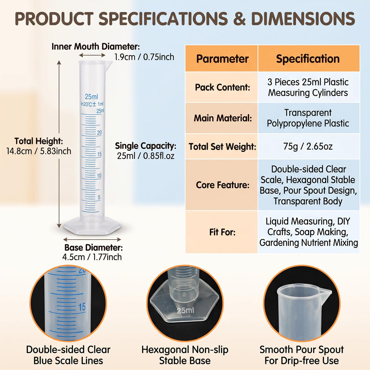 3 Pcs Plastic Graduated Cylinders, 2-Sided Measuring Lines，25ml