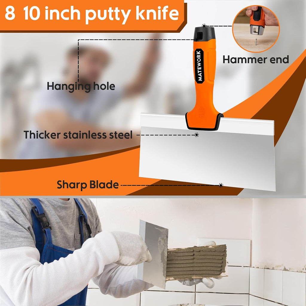 8Pcs Drywall Tools & Putty Knife Set with Hammer End, Mud Pan | 304 Hardened Stainless Steel, Resistant to Rust and