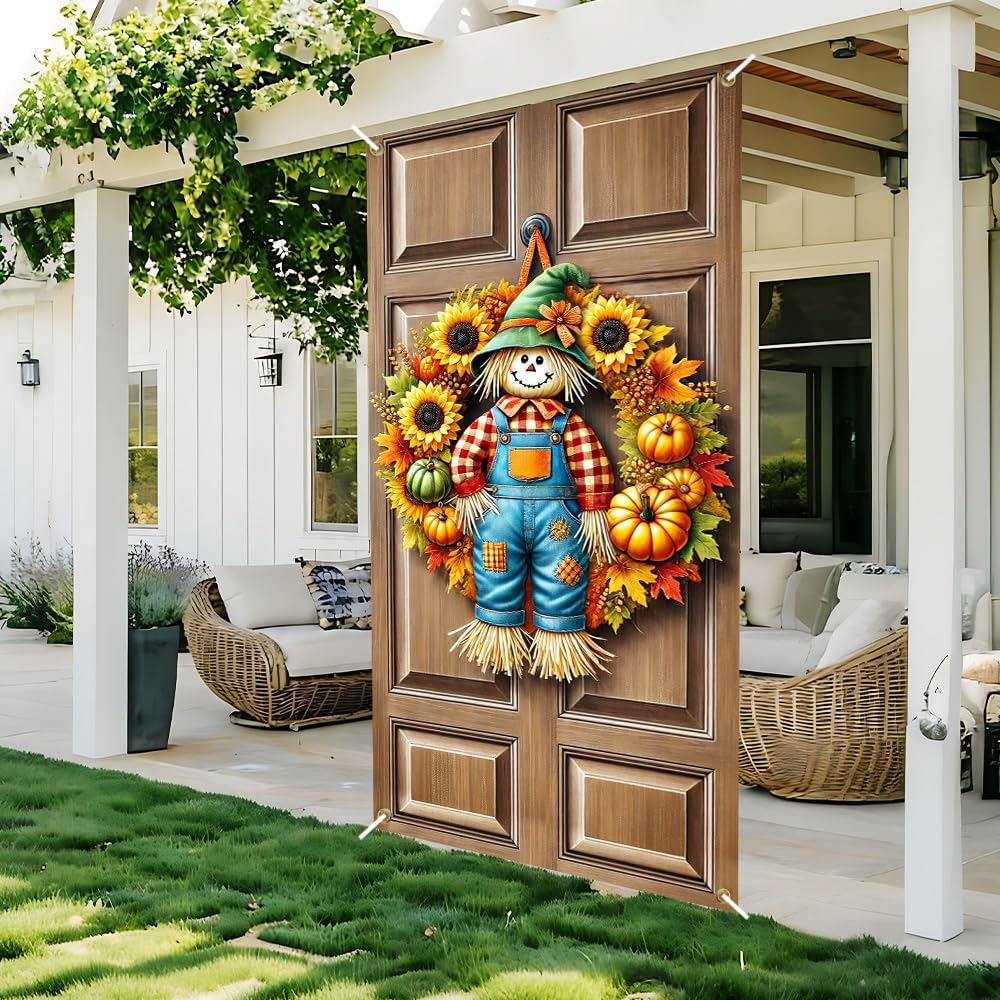 Fall Scarecrow Sunflower Pumpkin Door Cover 35x70in Thanksgiving | Weather-tough 150D polyester with 4 grommets and