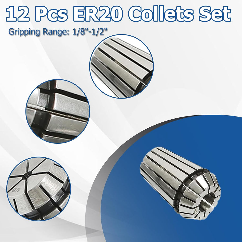 WFLNHB 12 Pcs ER20 1/8"-1/2" ER-20 Collets Set High Accuracy