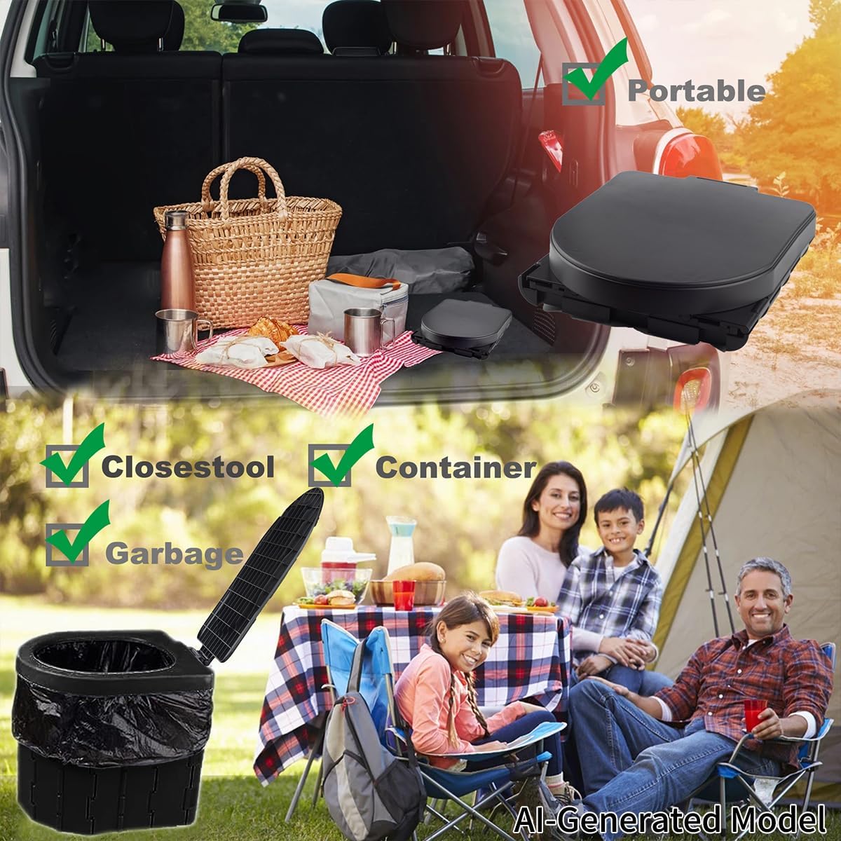 Camping Toilet, Portable Toilet for Adults & Kids, Foldable Potty & Outdoor Emergency Sanitation Products, Trash Can