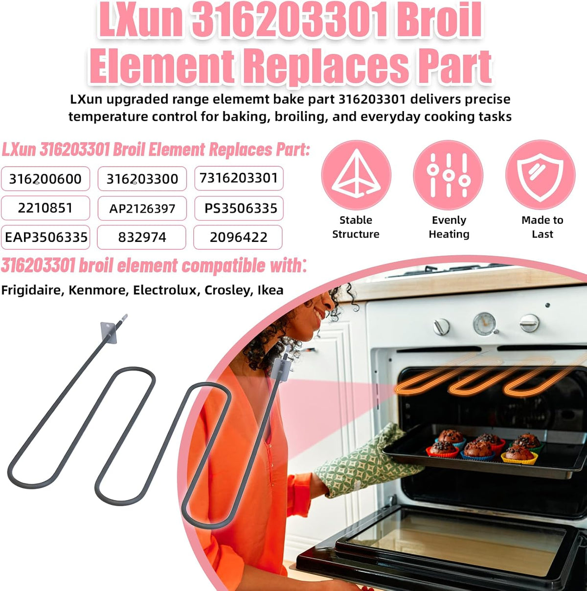 LXun Upgrade 316203301 Oven Broil Element Compatible with Kenmore Frigidaire Range Oven Parts 316203301 Heating Element Replaces 316203300 2210851 7316203301 PS3506335 Broiling Element
