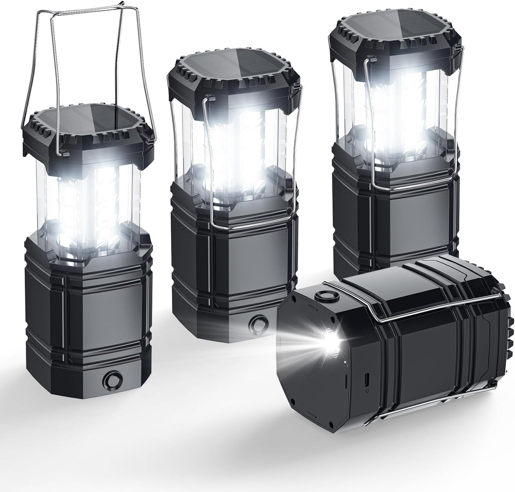 Solar Camping Lantern 4 Pack, Rechargeable LED Lantern with Flashlight | USB-C & Solar Powered, Collapsible Emergency