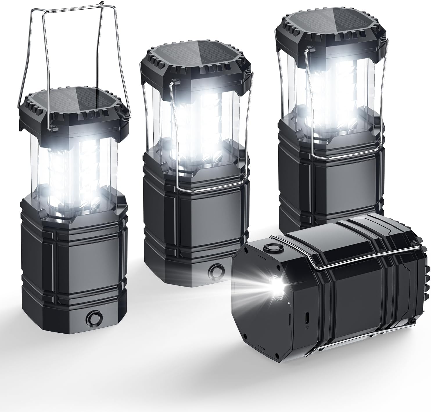 Solar Camping Lantern 4 Pack, Rechargeable LED Lantern with Flashlight | USB-C & Solar Powered, Collapsible Emergency