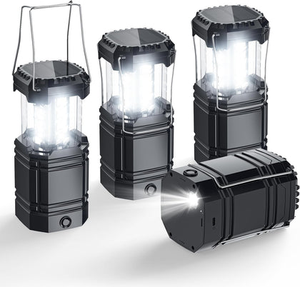 Solar Camping Lantern 4 Pack, Rechargeable LED Lantern with Flashlight | USB-C & Solar Powered, Collapsible Emergency