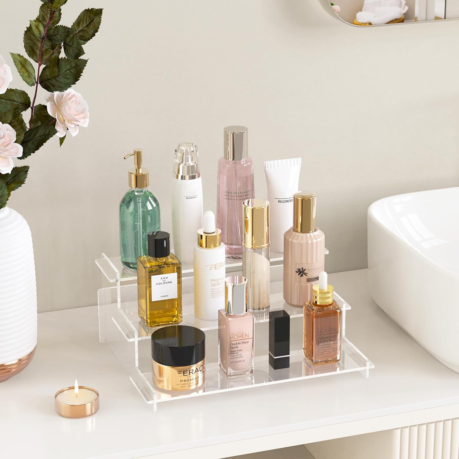 Acrylic Risers Display Stand, 3 Tier Cupcake Holder, Perfume Organizer | Clear Display Shelf for Figures and