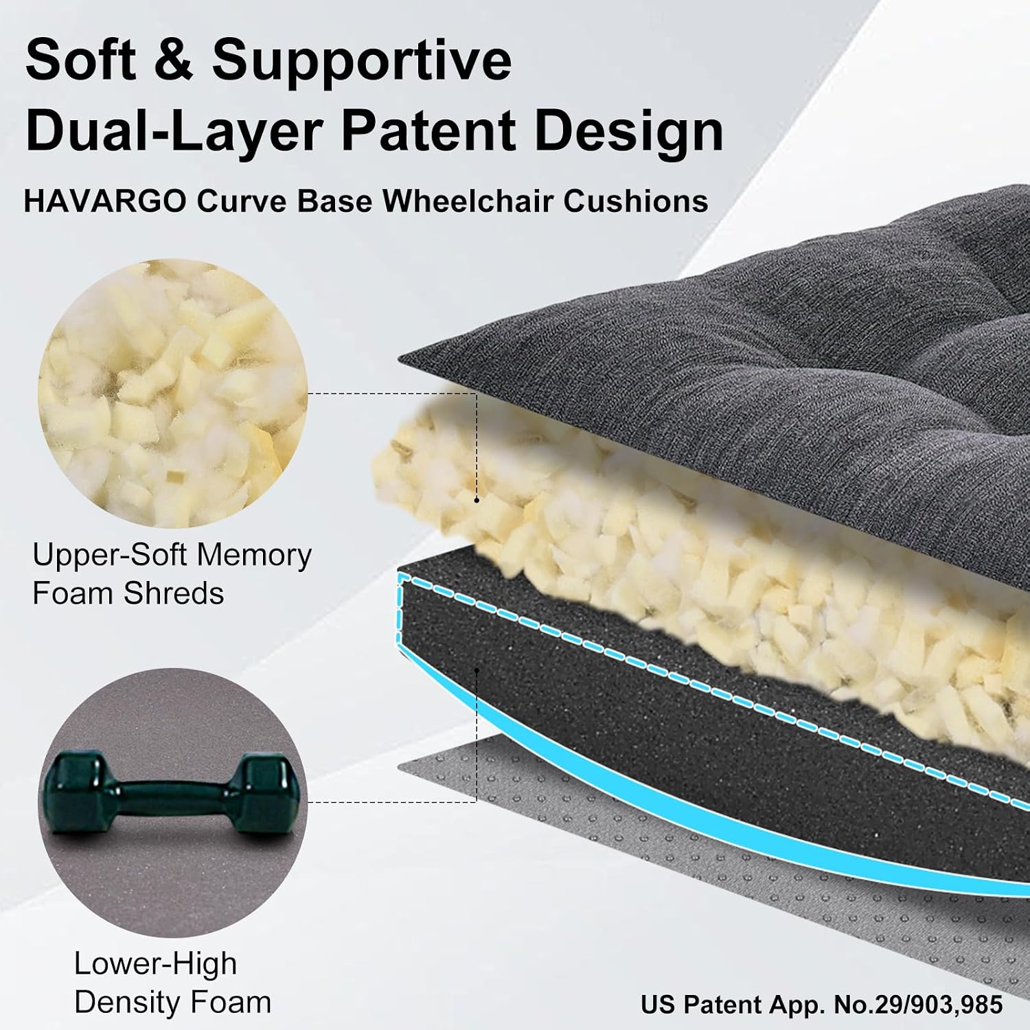 18x16 Memory Foam Wheel Chair Cushions for Seniors, Dual-Layer Anti-Sagging Patent Design with Curved Bottom for