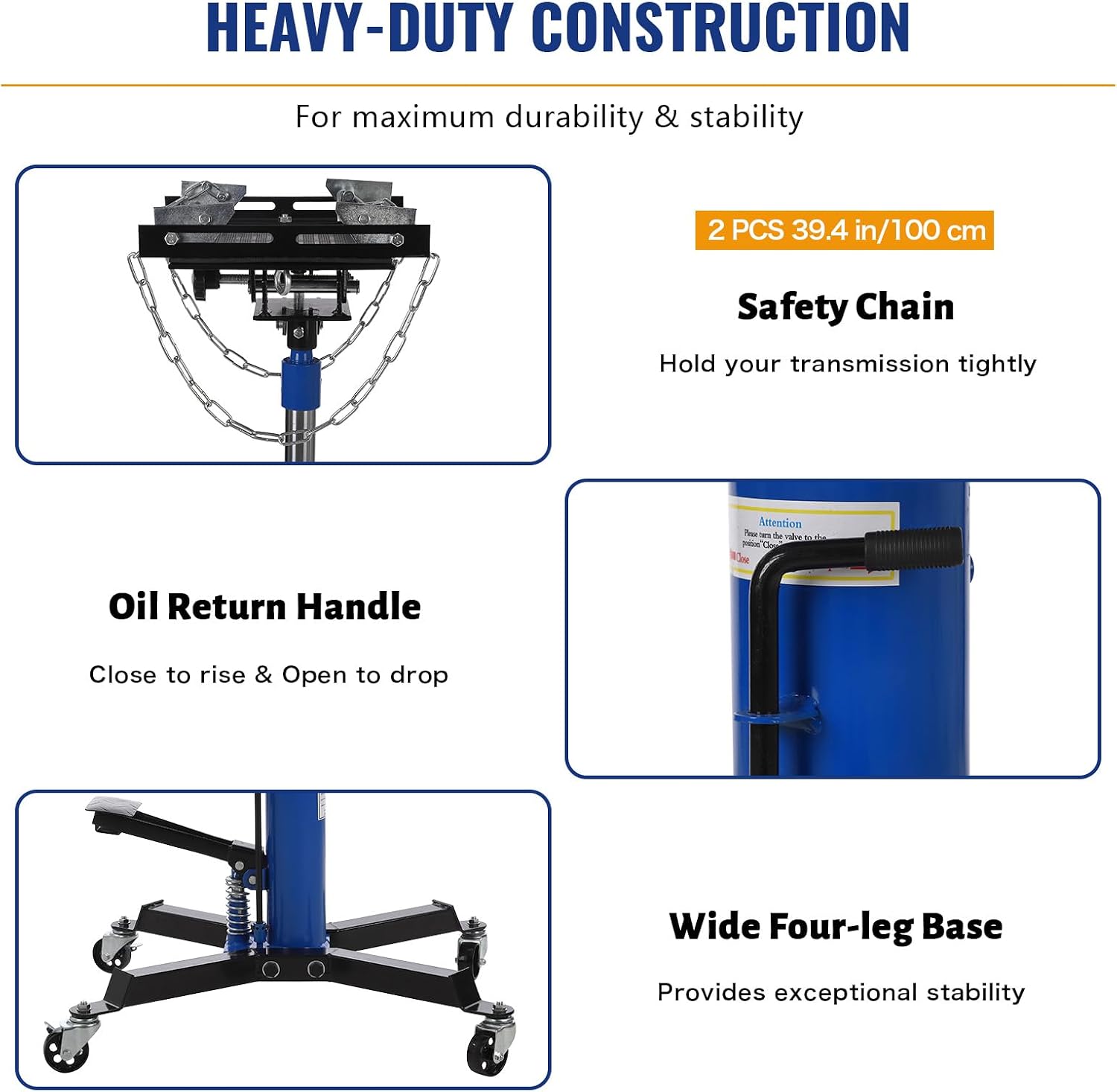 Hydraulic Transmission Jack - 1100 Lbs Capacity, 2-Stage Telescopic Lift 33.8"-72.8", 360° Swivel Wheels, Foot Pedal