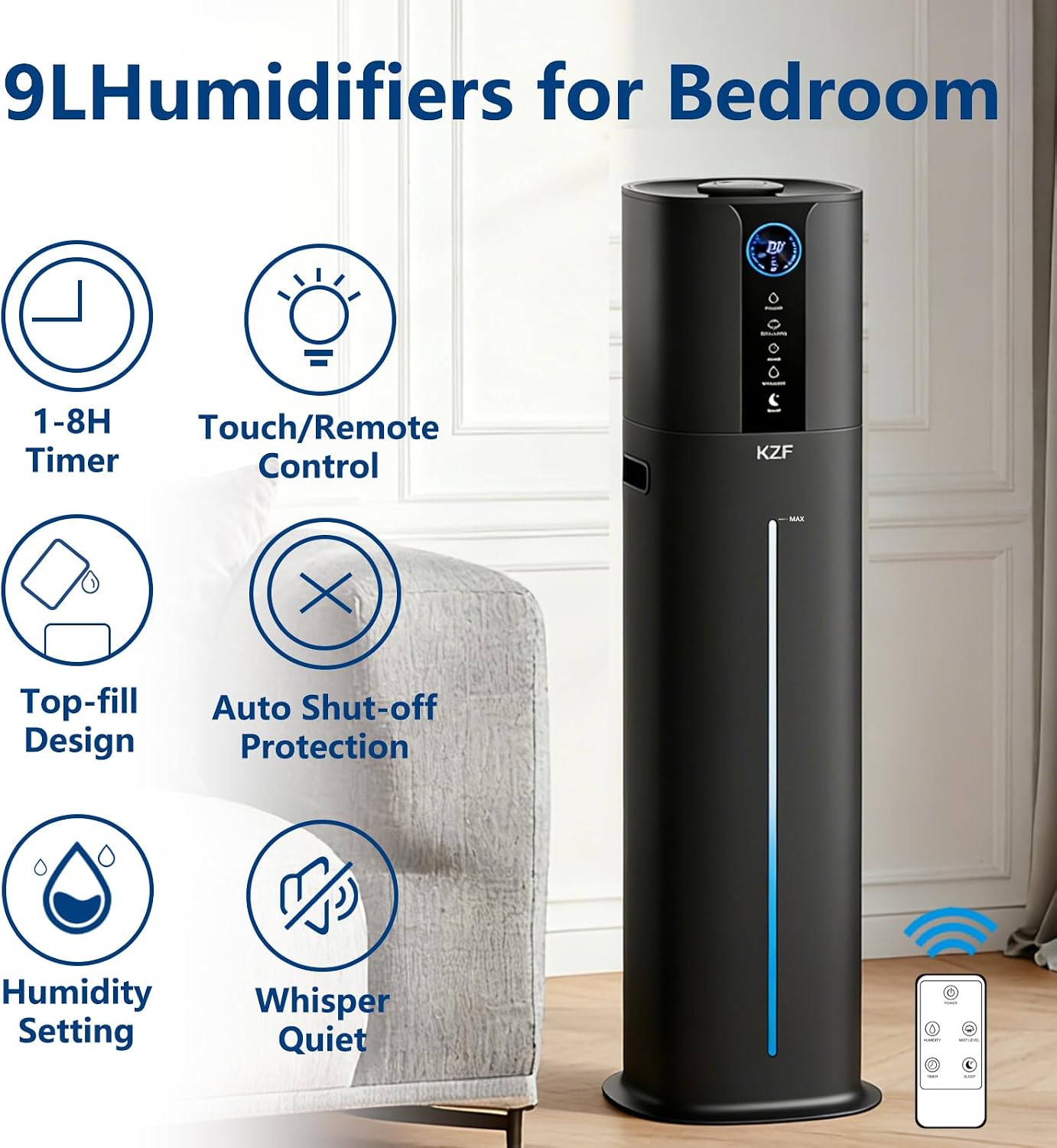 9L Smart Humidifier for Bedroom Large Room, Black | 2.3Gal Cool Mist, Top Fill Diffuser, App & Remote Control, 3 Mist