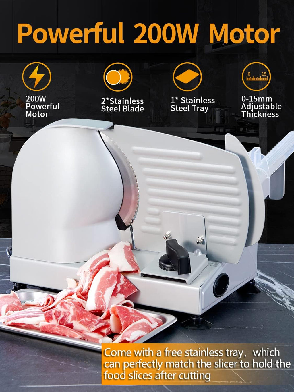 Meat Slicer, 200W Electric Food Slicer with 2 Removable 7.5" Blades