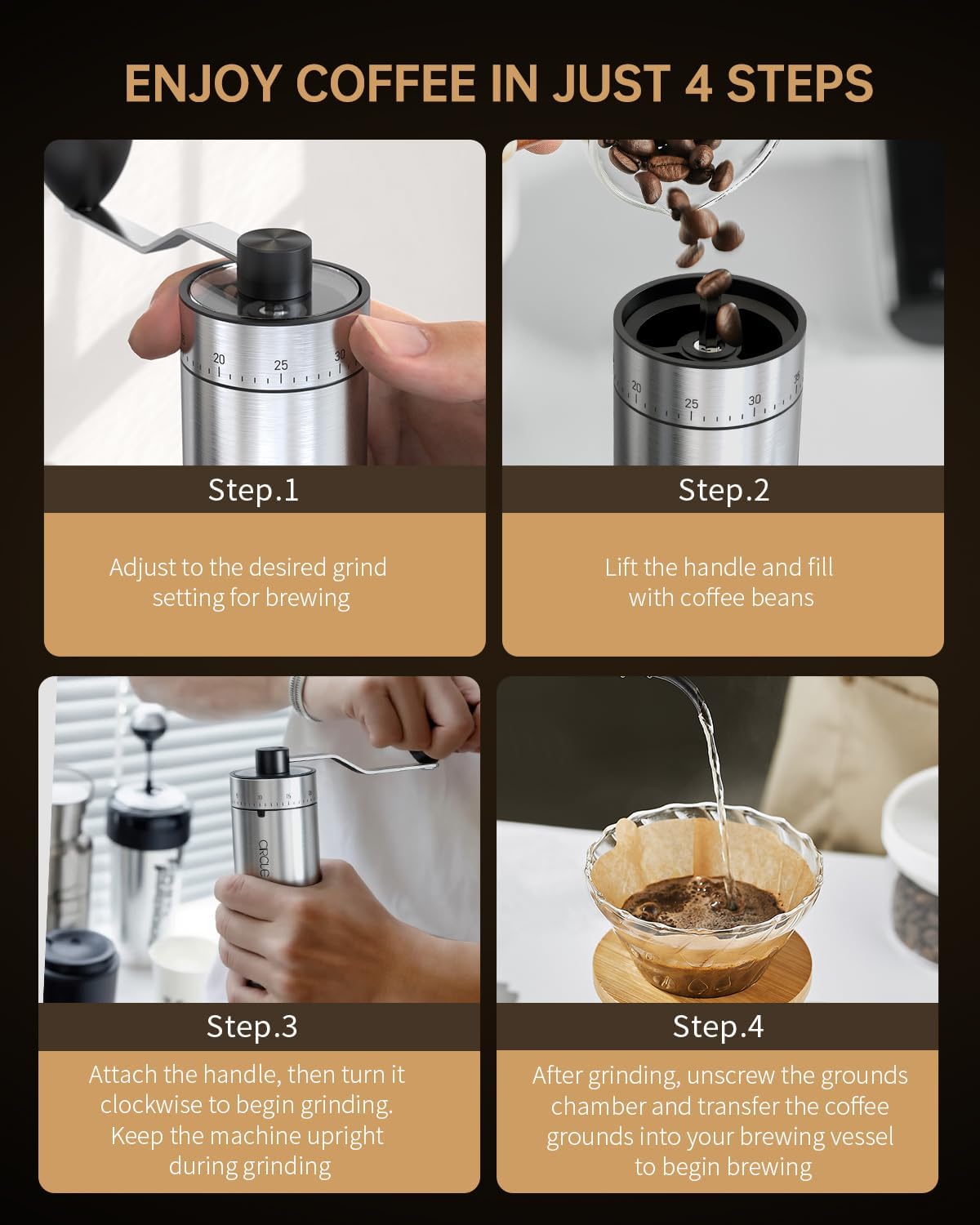 Mini Manual Coffee Grinder with 40 External Adjustable Settings and Ceramic Conical Burr, Portable Stainless Steel