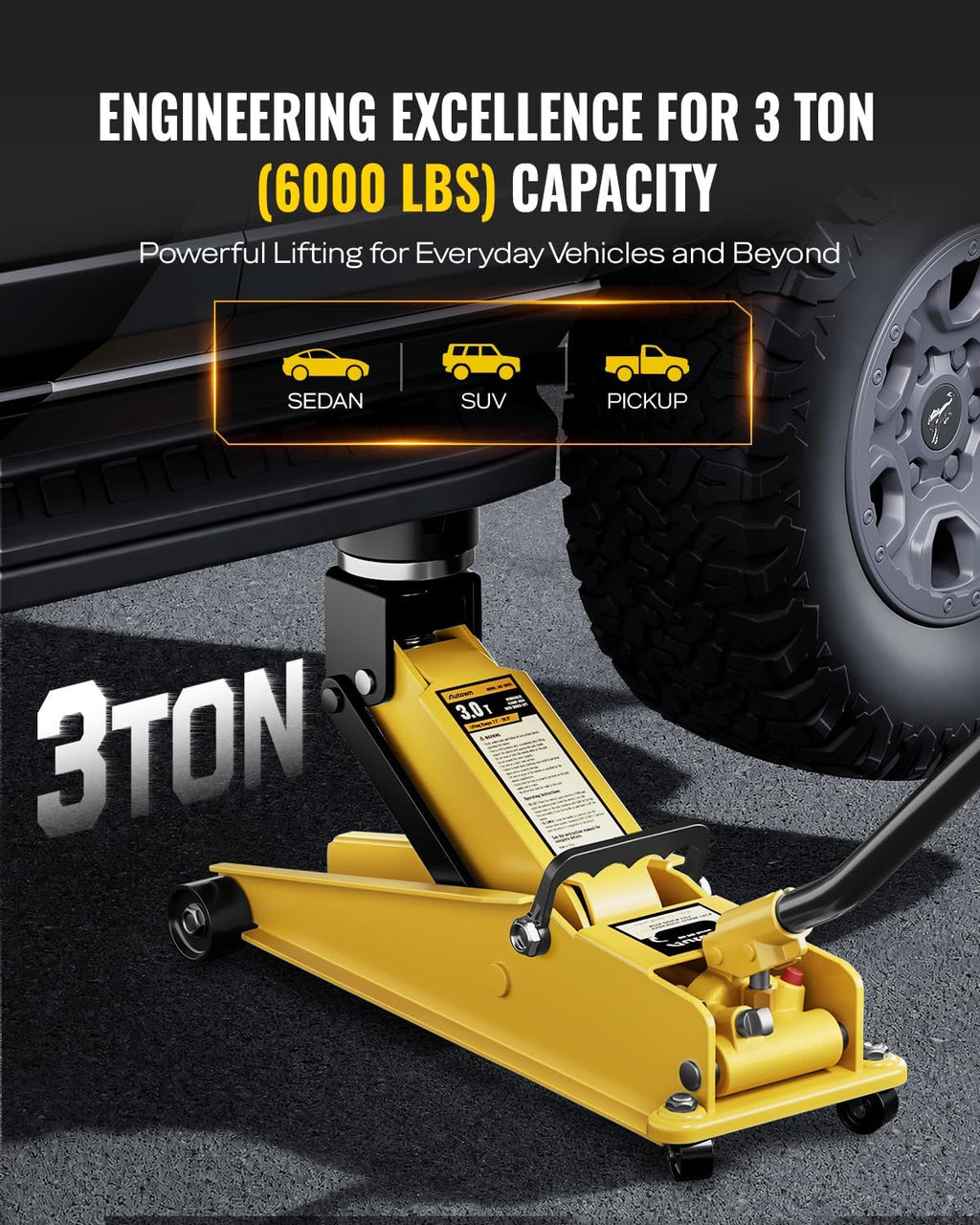 3 Ton (6600 lbs) Floor Jack, Heavy Duty Steel Hydraulic Jack for Car, Low Profile Floor Jack with Rubber Pad, Quick