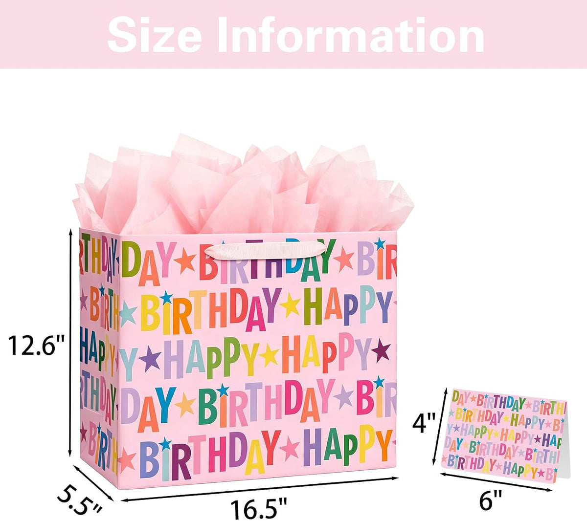 16.5" Extra Large Happy Birthday Gift Bag Set with Greeting Card and Tissue Paper, Colorful Lettering Design for