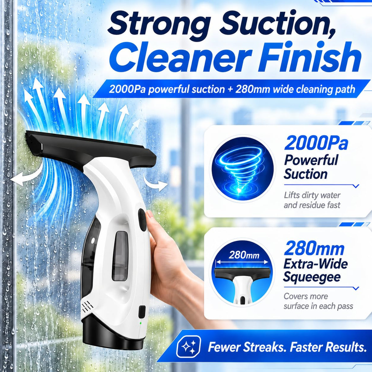Window Vacuum Squeegee Cordless, 2000Pa Electric Window Cleaner