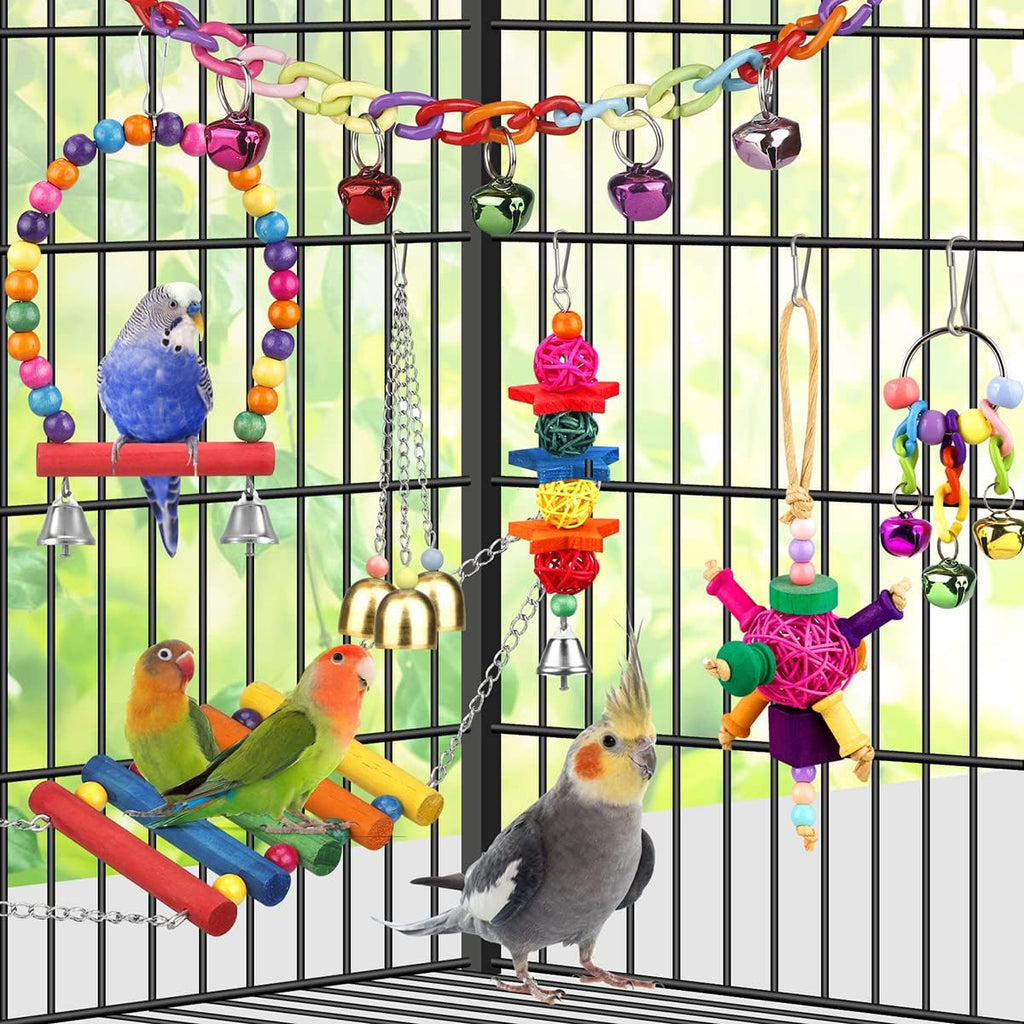 Bird Toys for Conures with Colorful Ladder Hammock Bird Cage Accerious Bird Perch Stand Chewing Toys Hanging Bell for