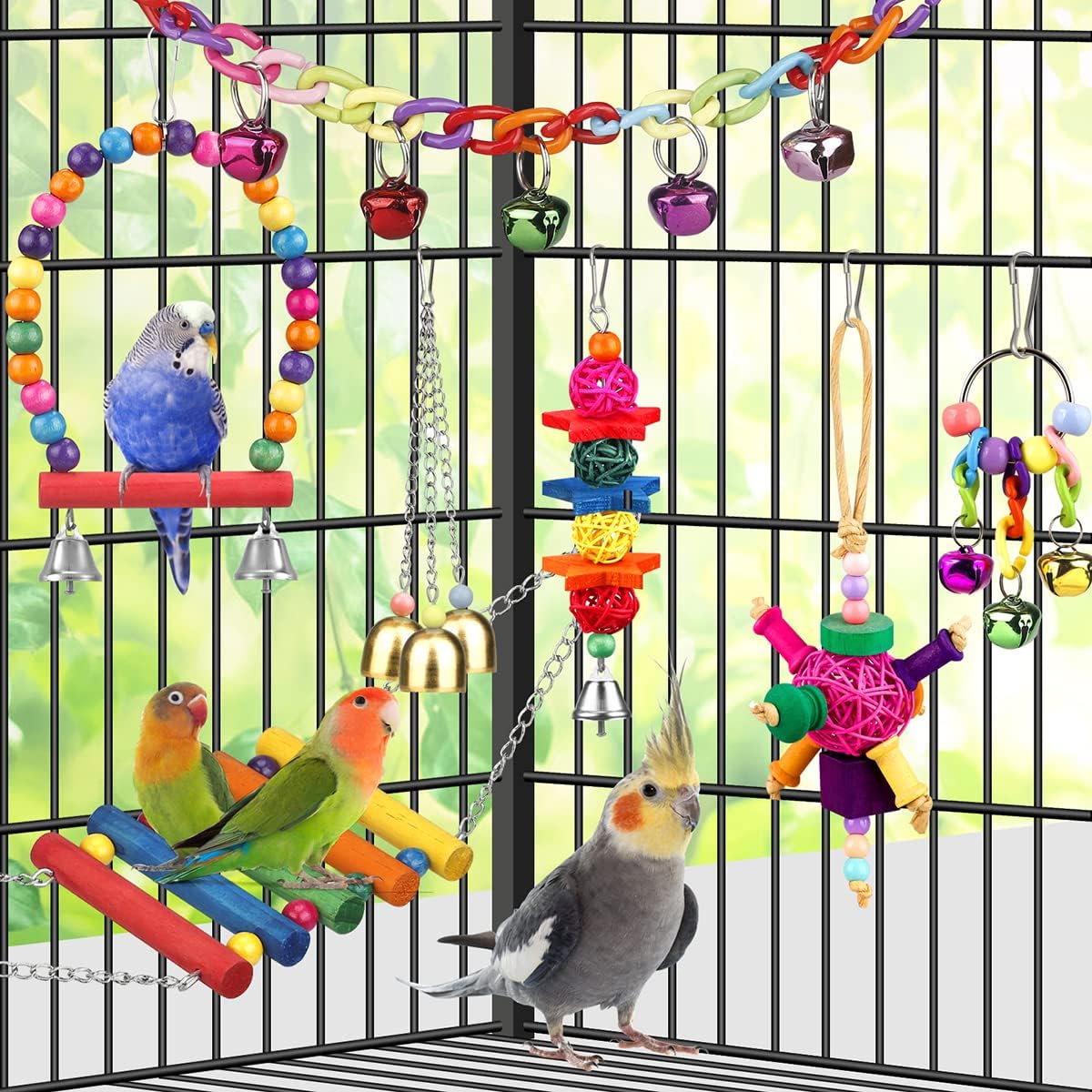 Bird Toys for Conures with Colorful Ladder Hammock Bird Cage Accerious Bird Perch Stand Chewing Toys Hanging Bell for