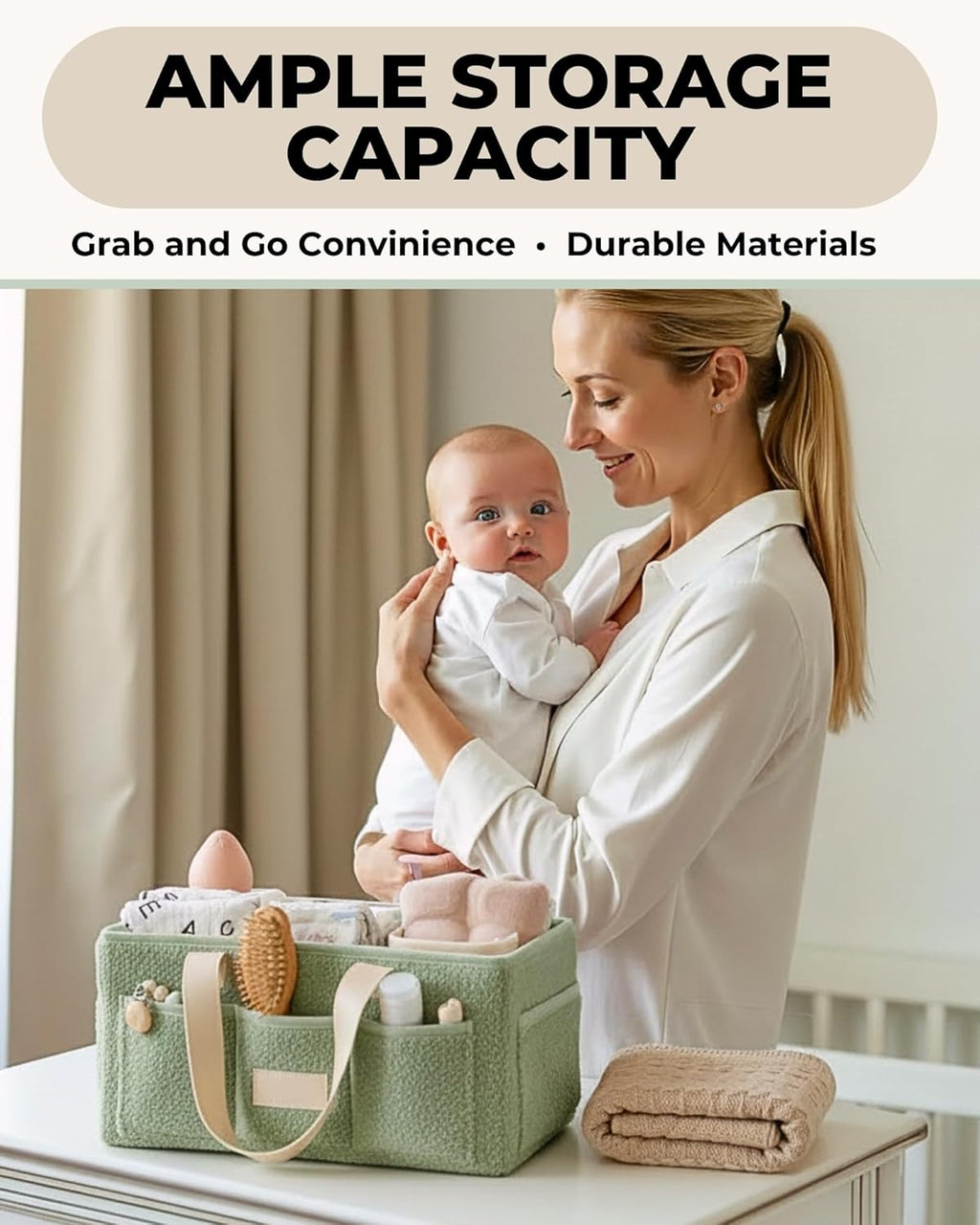 Baby Diaper Caddy Organizer with Portable Changing Mat - Teddy Fleece Diaper Organizer for Changing Table - Basket