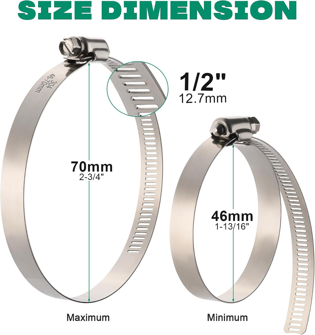 2.5 Inch Hose Clamps, Adjustable 1-13/16"-2-3/4"(46-70mm), 10 PCS | 304 Stainless Steel, Rust Resistant, Large Worm