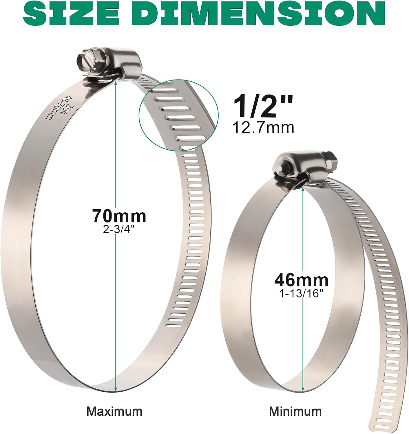 2.5 Inch Hose Clamps, Adjustable 1-13/16"-2-3/4"(46-70mm), 10 PCS | 304 Stainless Steel, Rust Resistant, Large Worm