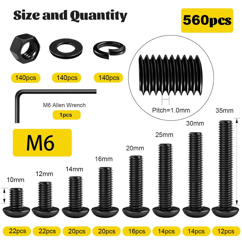 560PCS M6 Hex Button Head Screws Bolts Nuts Washers Assortment Kit
