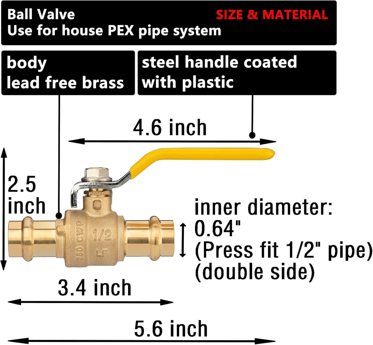 (10 Pack) Lidertik 1/2 inch Press Ball Valve Shut Off Valve 1/4 Turn Yellow Hanndle LI-QF0-PRESS-0.5(10 PCS)