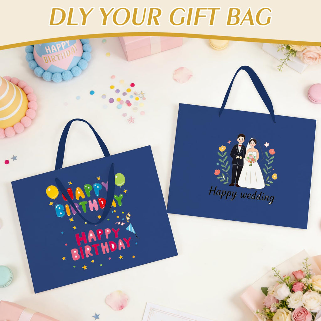 5 Pack Large Blue Gift Bags with Handles & 10 Tissue Papers