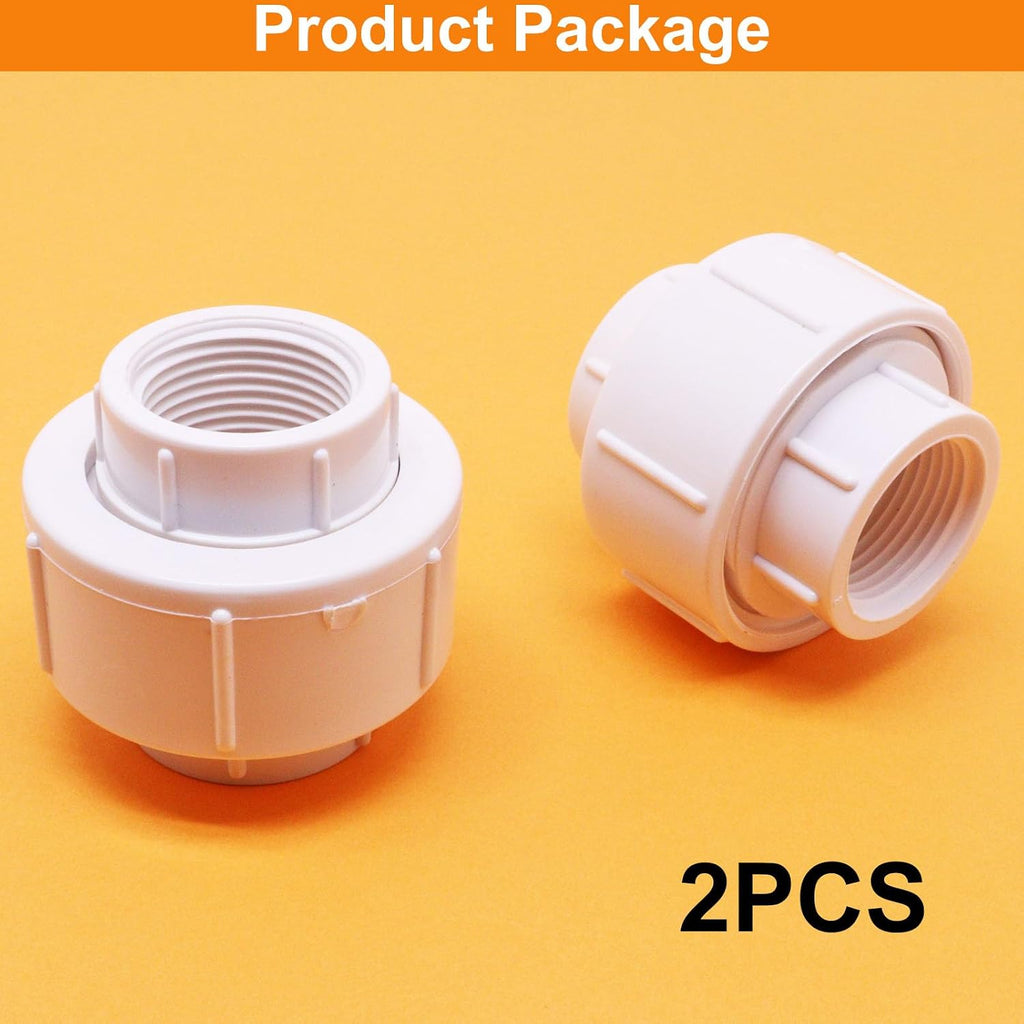2Pcs 3/4" PVC Union, Female Threaded Coupling Pipe Fittings, Schedule 40, FNPT Coupling for Irrigation, Plumbing, White