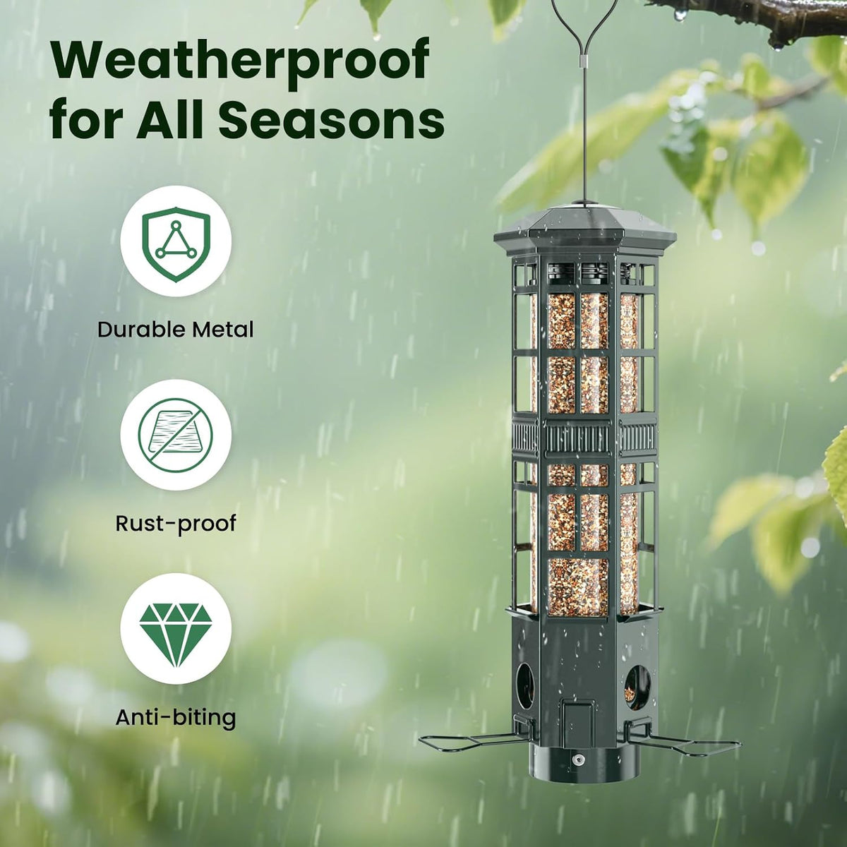 Squirrel Proof Bird Feeder, Chew-Resistant Metal Hanging Bird Feeder for Outdoors Gravity Spring Mechanism, 3 Feeding