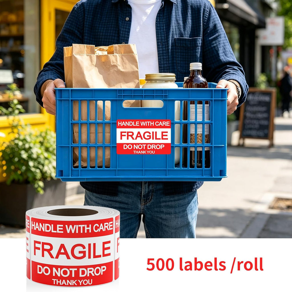 Fragile Stickers 3" x 5", Handle with Care Labels, Permanent Adhesive Small Shipping Stickers for Mailing, Packing