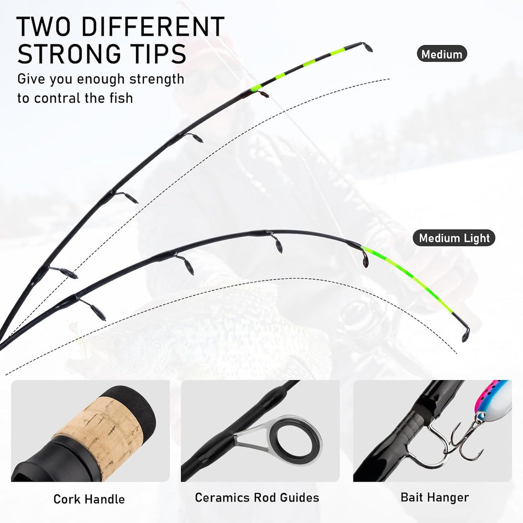 Ice Fishing Rod and Reel Combo 24-28 inch M/ML Inline Ice Fishing Combos 2 Different Tips for Walleye Perch Panfish