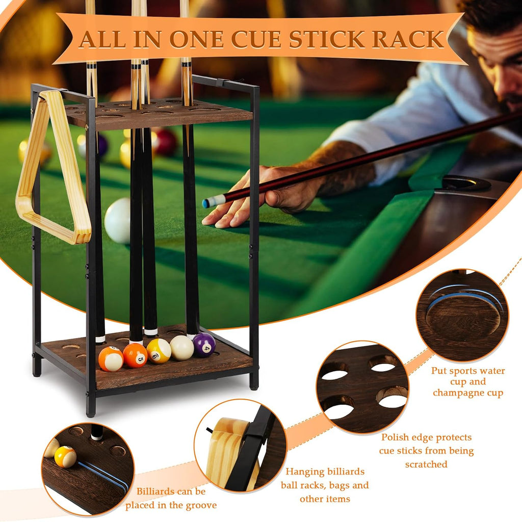 Pool Stick Holder, 10-Hole Wooden Freestanding Billiard Cue Racks Black | Cue Stick Holder for Game Room Billiard