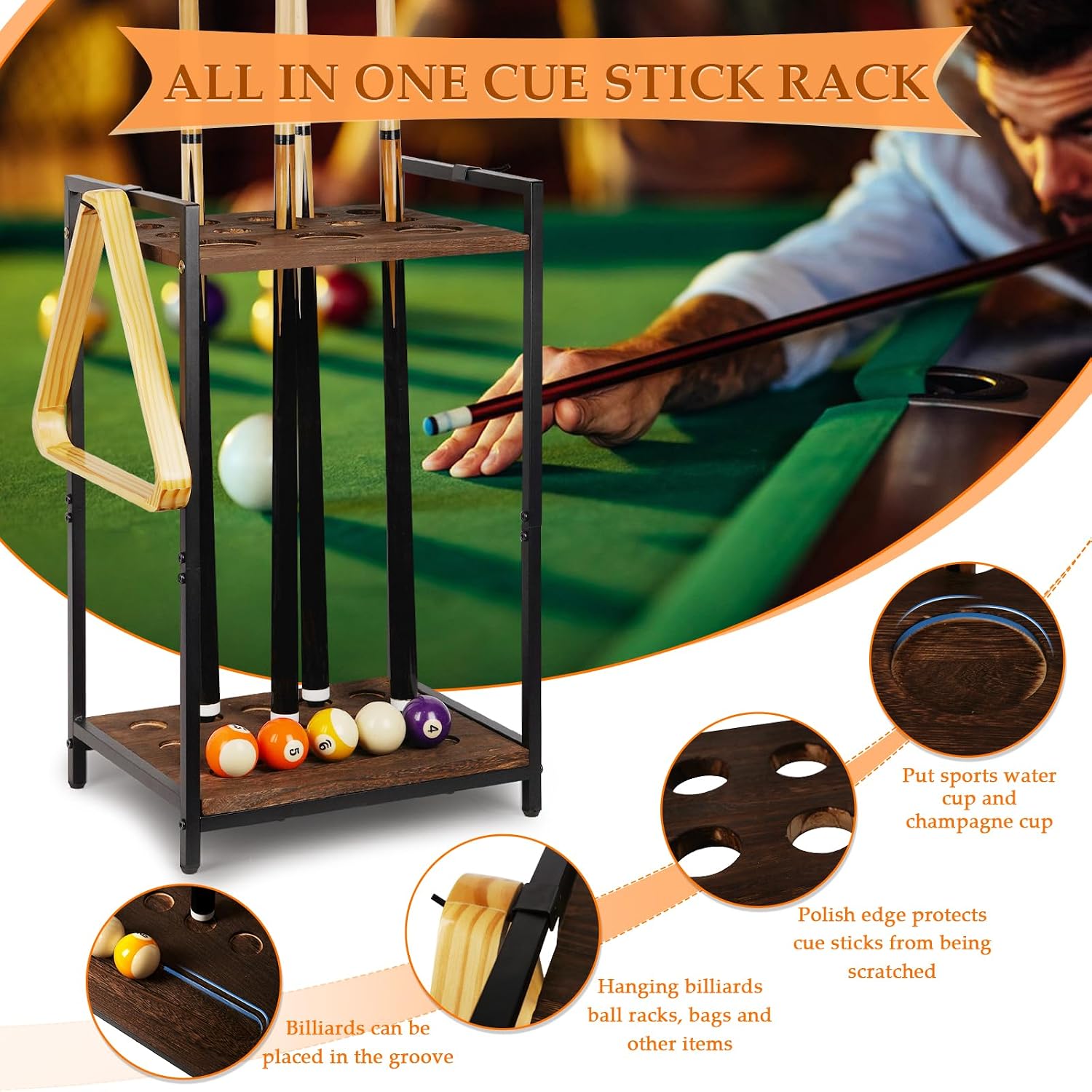 Pool Stick Holder, 10-Hole Wooden Freestanding Billiard Cue Racks Black | Cue Stick Holder for Game Room Billiard
