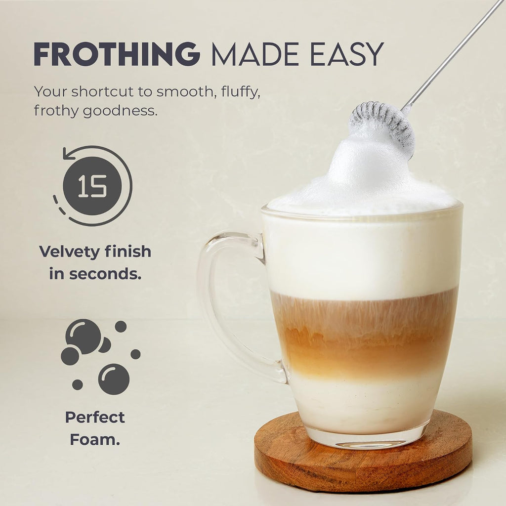 Powerful Milk Frother Wand - Handheld Stainless Steel - Battery Operated Drink Mixer for Coffee, Lattes, Cappuccino