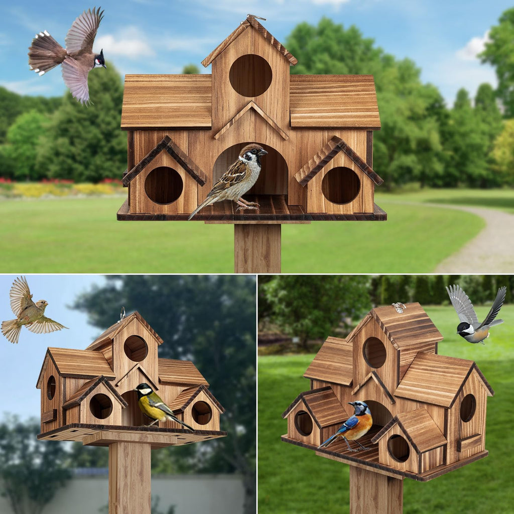 Bird Houses for Outside, 5-Hole Wooden Birdhouse for Bluebirds Finch Swallow Wren Chickadee Hummingbird, Hanging Bird