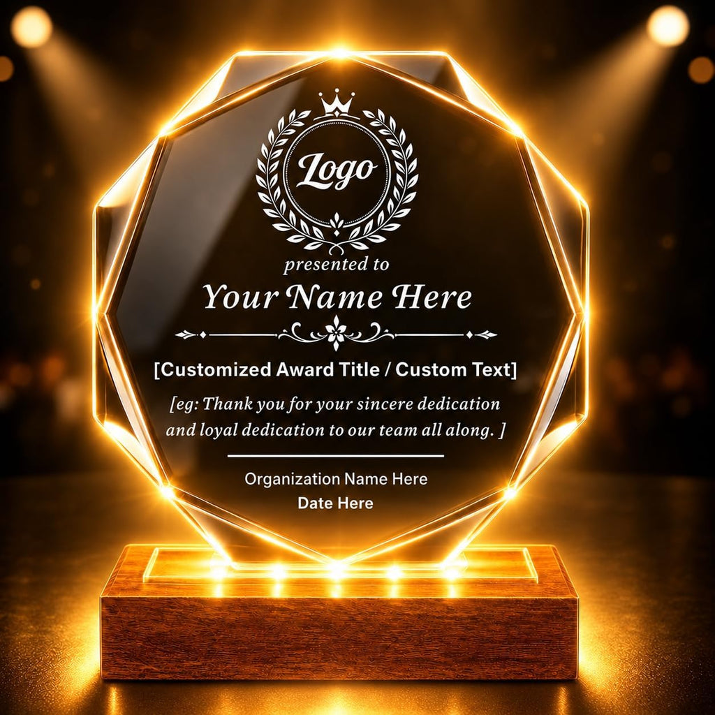 SHIP NEXT DAY, Custom Crystal Trophy Award, Engraved Plaque with LED Base