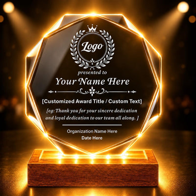 SHIP NEXT DAY, Custom Crystal Trophy Award, Engraved Plaque with LED Base