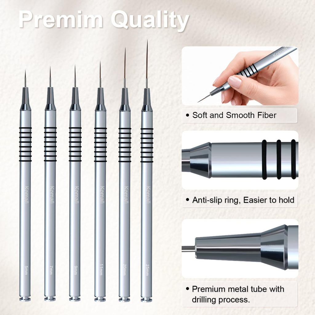 Metallic Nail Art Brushes, 6Pcs Non-slip Liner Brushes Set, Silver