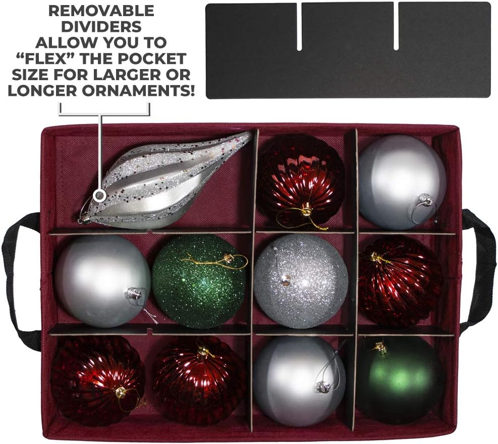 Christmas Ornament Storage Box, Holds 36-4 Inch Ornaments | Adjustable Acid-Free Dividers, 3 Removable Trays with