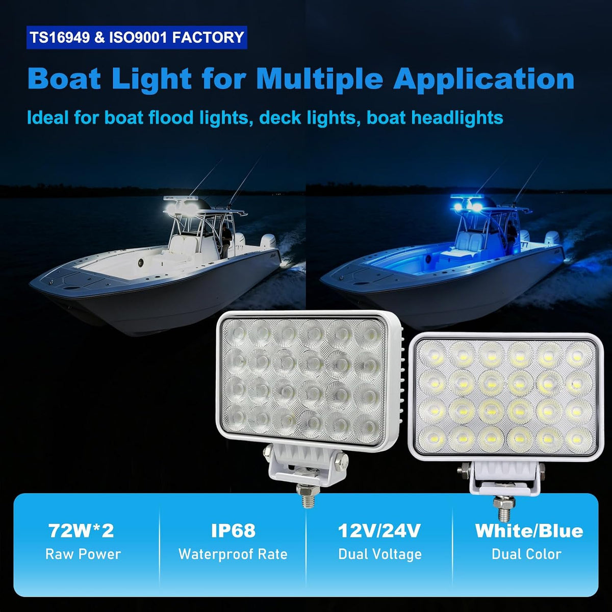 Dual Color LED Boat Spreader Light with Switch, 72W Marine Lights