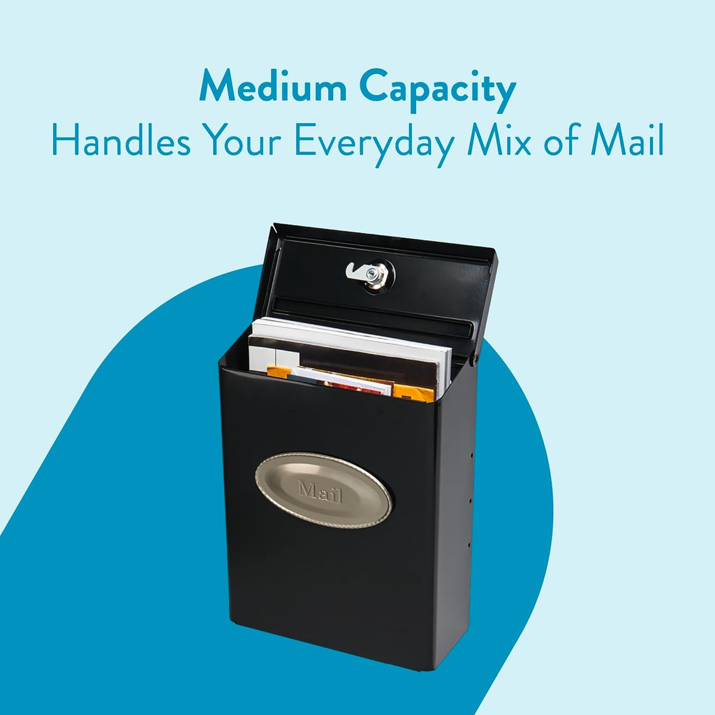 Designer Galvanized Steel, Locking Wall Mount Mailbox, Black with Satin Nickel