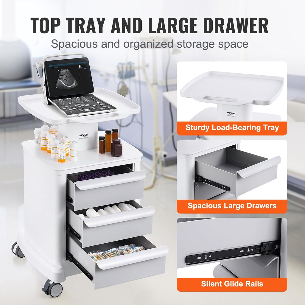 Medical Cart with 3 Drawers and Top Tray, 4-Tier Rolling Utility Cart | Mobile Medical Trolley with ABS Material