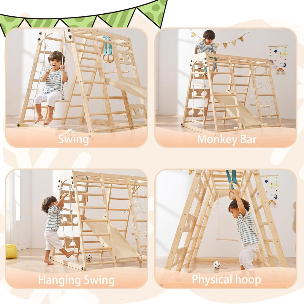 12-in-1 Toddler Playground - Foldable Kids Climbing Set with Slide, Rock/Net, Monkey Bars, Drawing Board, Swing and