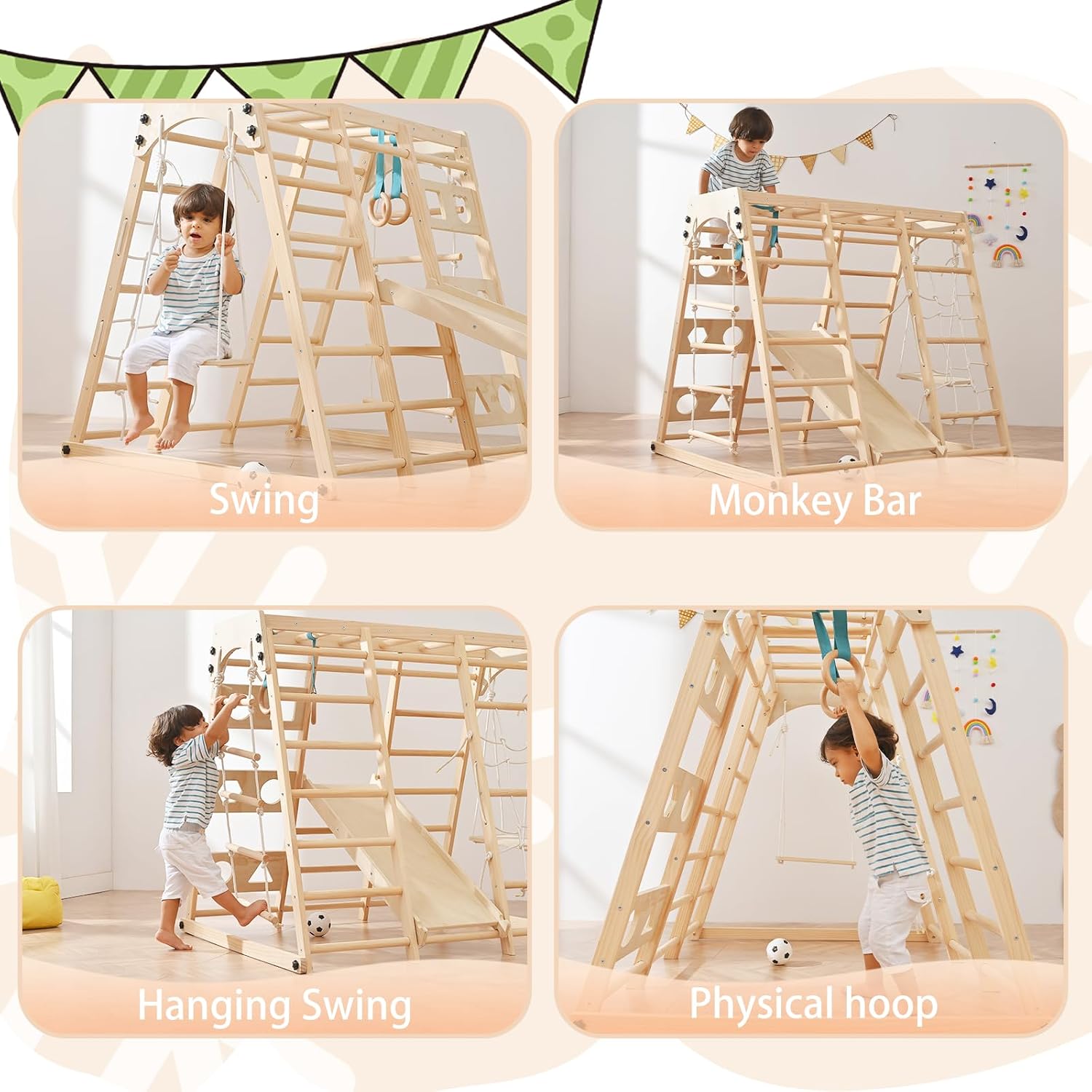 12-in-1 Toddler Playground - Foldable Kids Climbing Set with Slide, Rock/Net, Monkey Bars, Drawing Board, Swing and
