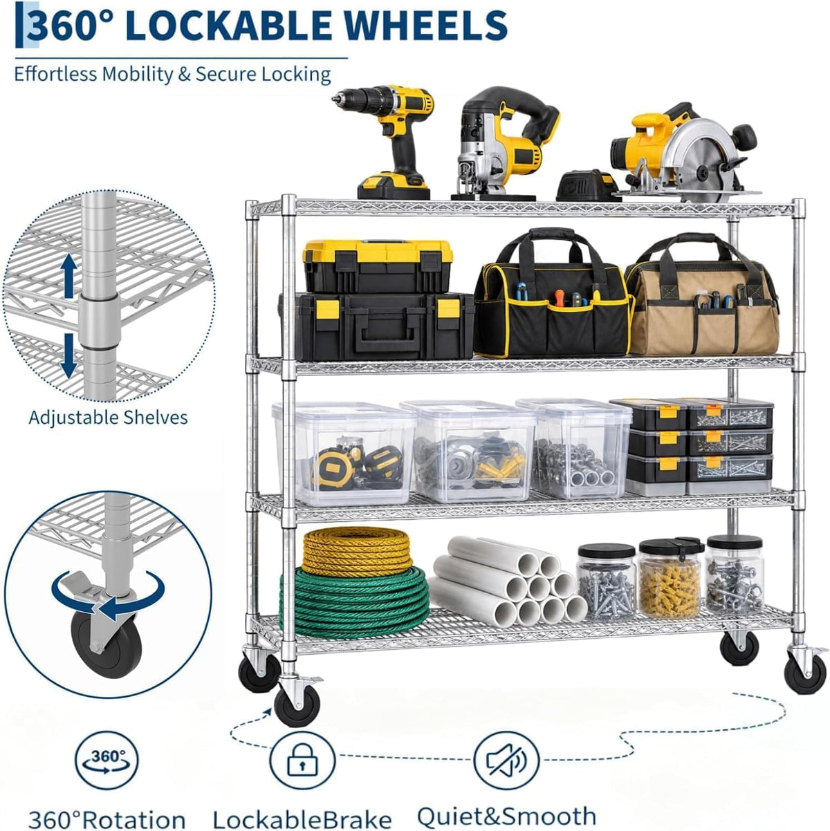 NSF Adjustable Lockable Wire Shelving Rack with Wheels, 4-Tier, 47" W