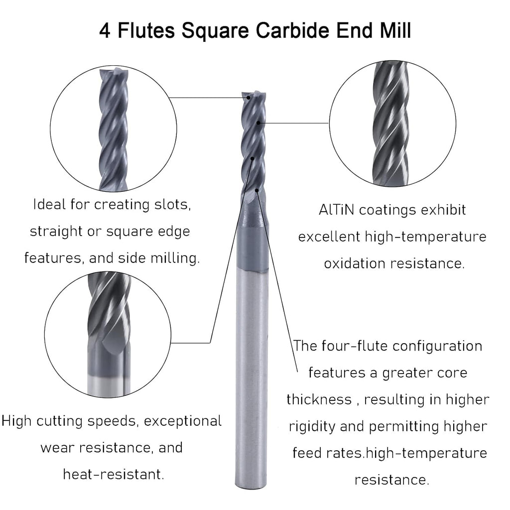 3/32" 4-Flute Square End Mill AlTiN Coated Carbide, 5Pcs