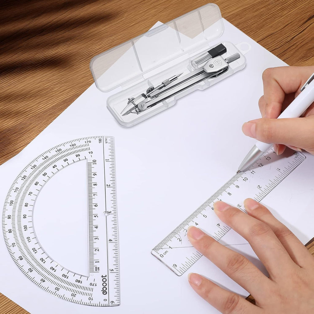 3 Pcs Plastic Ruler 6 Inch Protractor Drawing Compass Set, Student Geometry Math Transparent Measuring Tools for Home