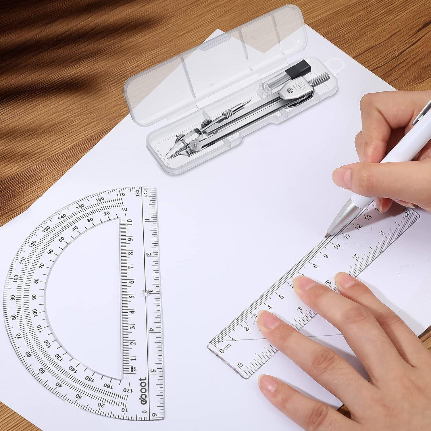 3 Pcs Plastic Ruler 6 Inch Protractor Drawing Compass Set, Student Geometry Math Transparent Measuring Tools for Home