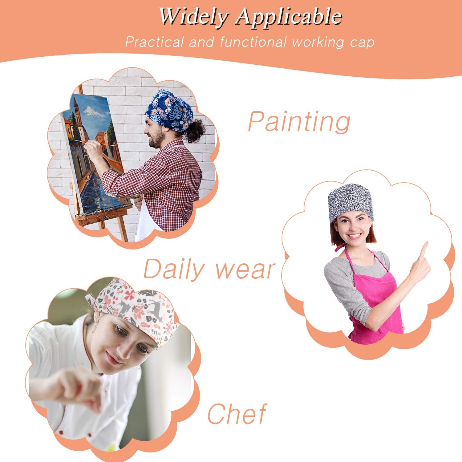 6 Pcs Women Scrub Caps Surgical Nurse Working Hats with Button and Sweatband Adjustable Elastic Nursing Bouffant Caps