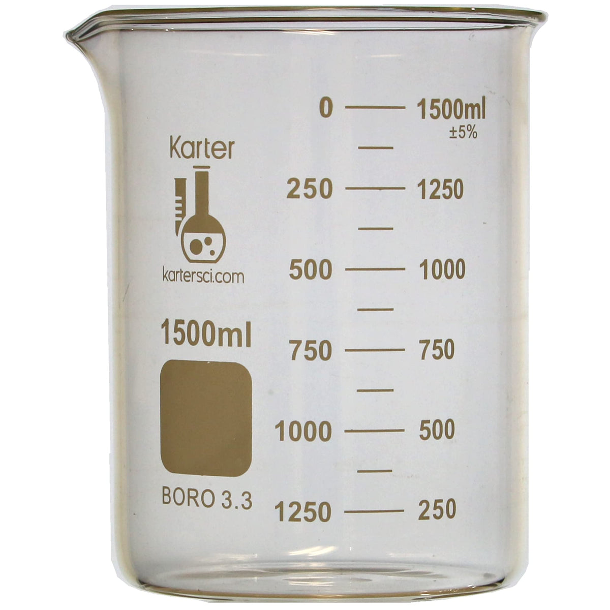 1500ml Beaker, Low Form Griffin, Borosilicate 3.3 Glass, Double Scale, Graduated, Karter Scientific 406I2 (Single)